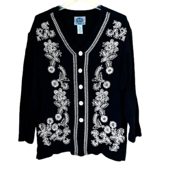 VTG Cambridge Dry Goods Boho Embroidered Button Tunic Blouse Black Size Large - Picture 1 of 12